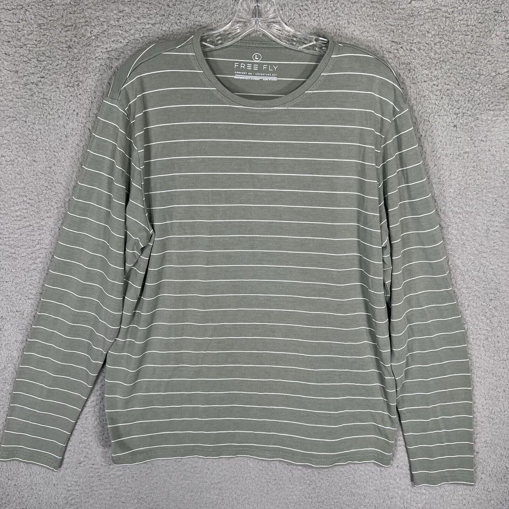 Free Fly Shirt Mens L Green Striped Bamboo Lightweight Performance Long‎ Sleeve